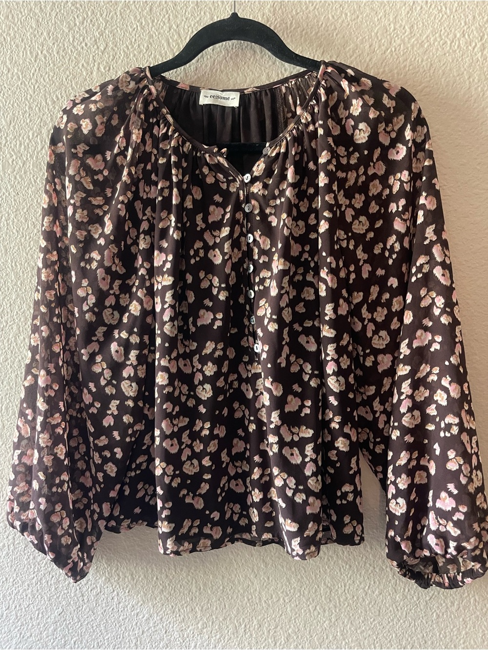 Brown Pink Leopard Button-Front Blouse